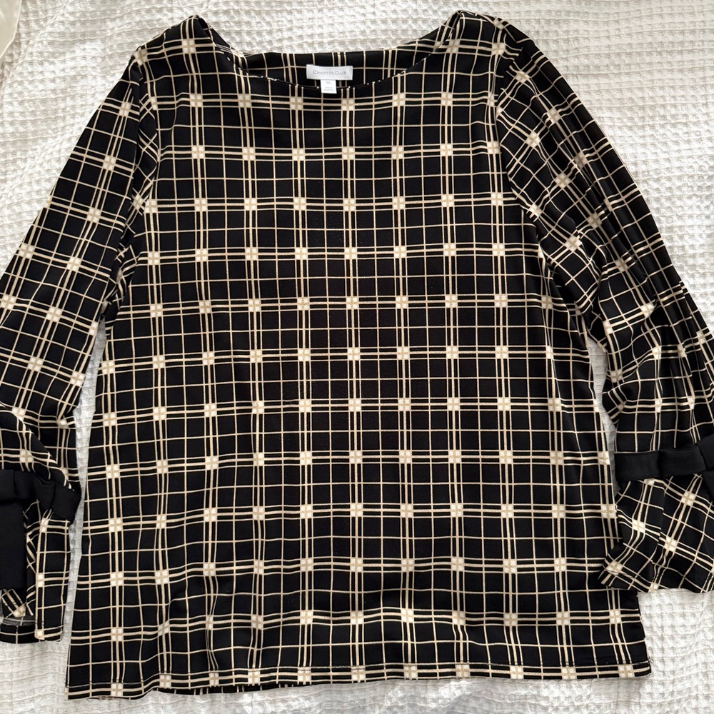 Charter Club Black and Cream Checkered Top